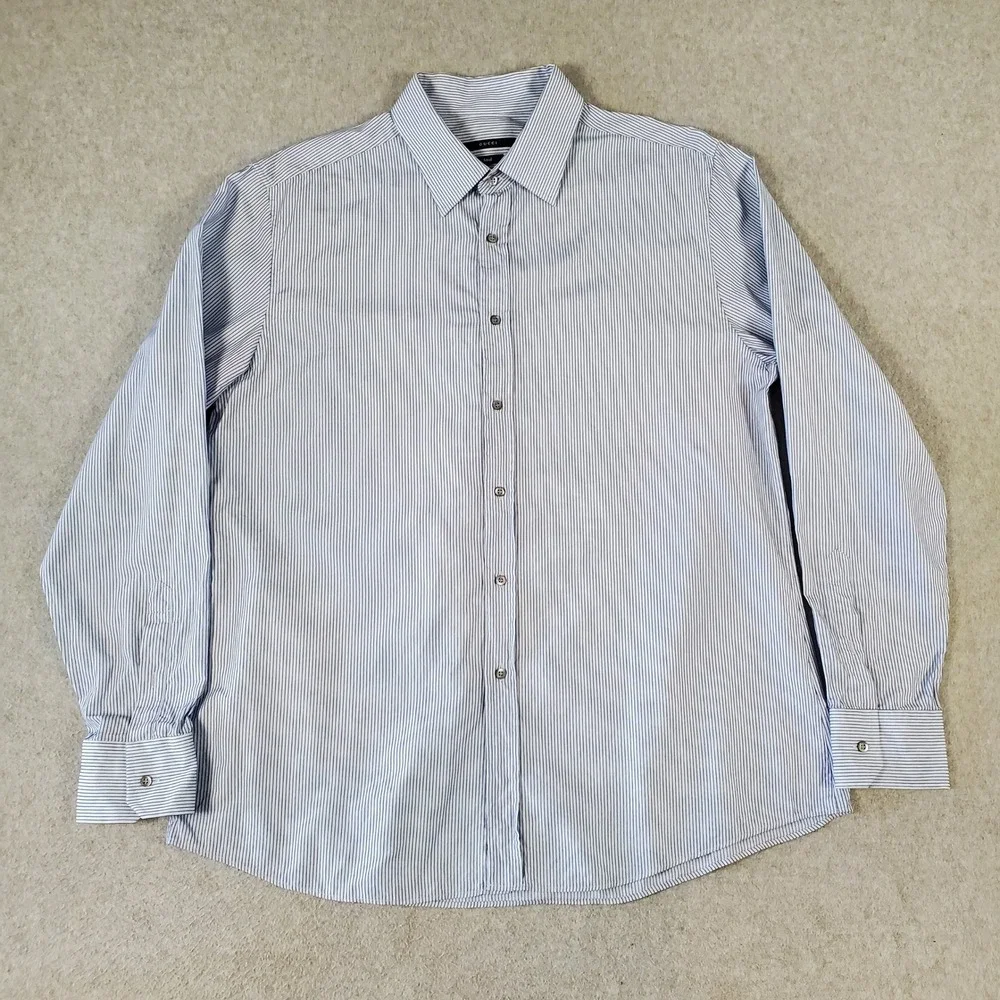 Vintage Gucci Mens Blue White Pinstripe Fitted Button Up Shirt Italy Made 46 18